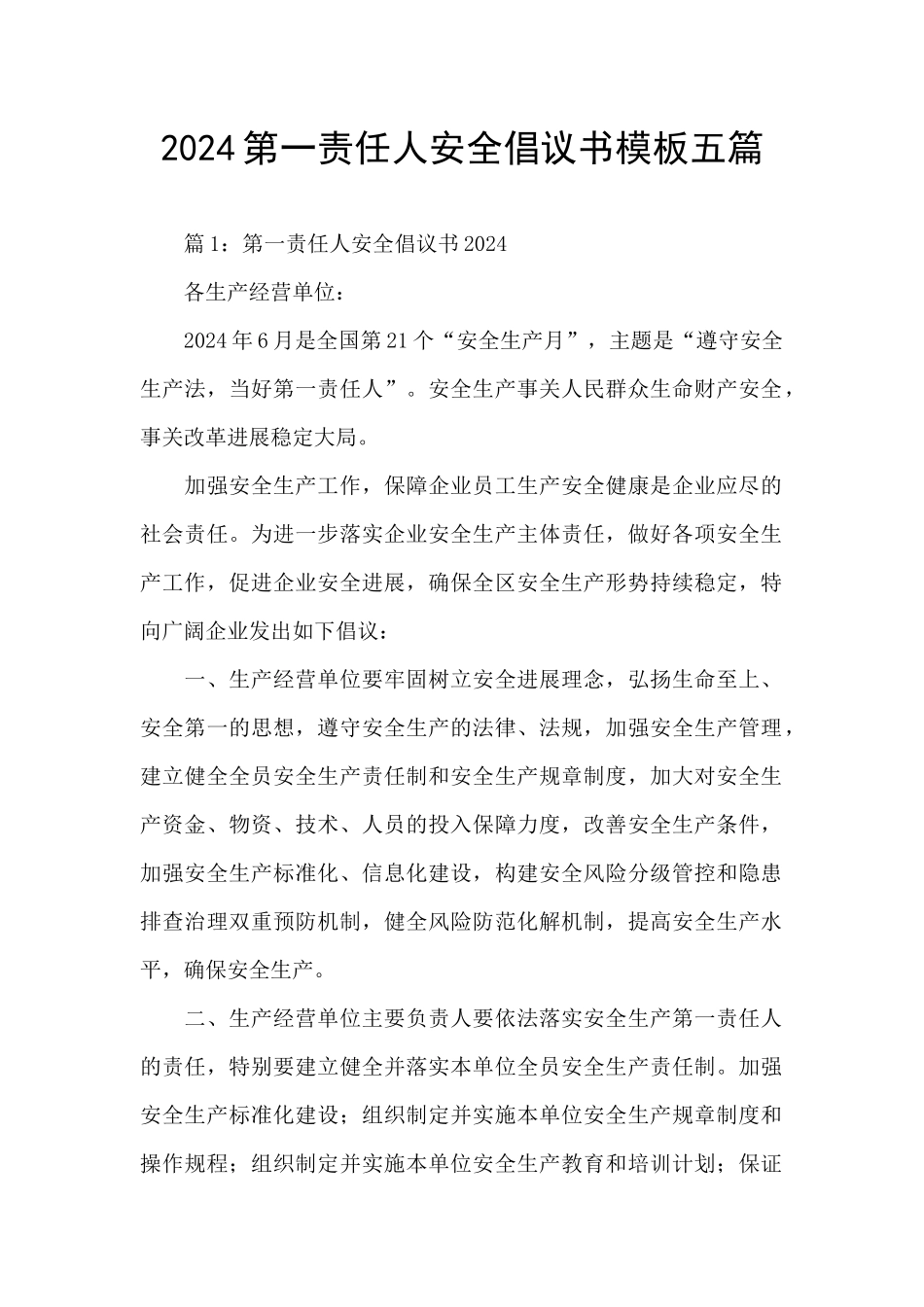 2024第一责任人安全倡议书模板五篇_第1页