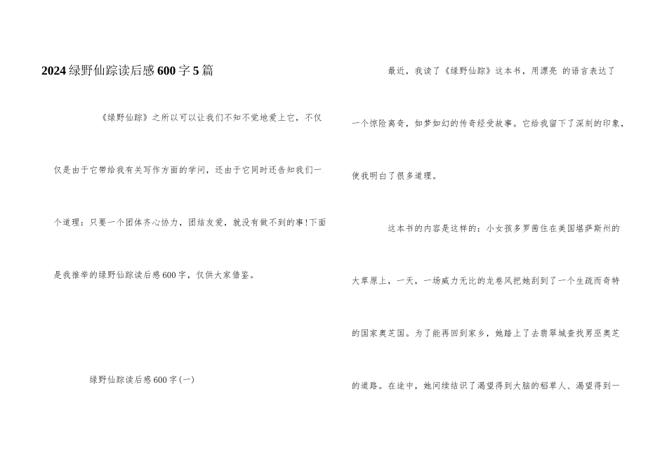 2024绿野仙踪读后感600字5篇_第1页