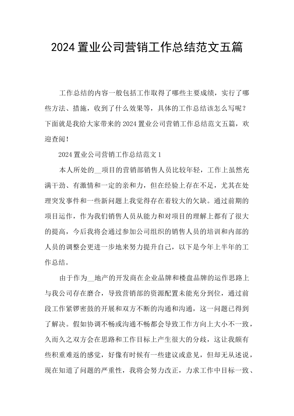 2024置业公司营销工作总结范文五篇_第1页