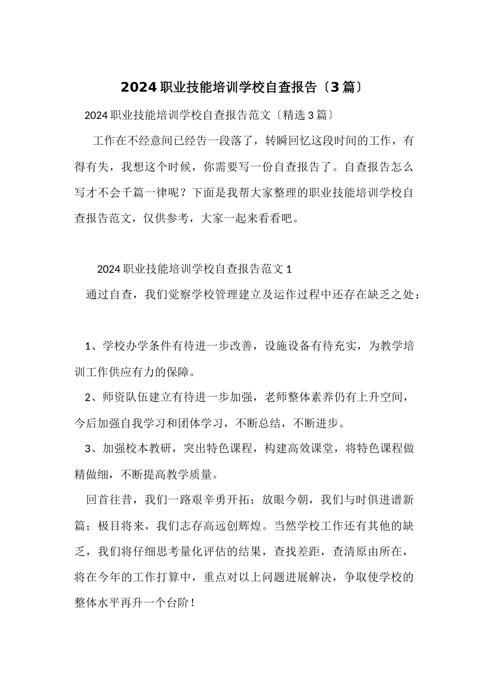 2024职业技能培训学校自查报告（3篇）_第1页