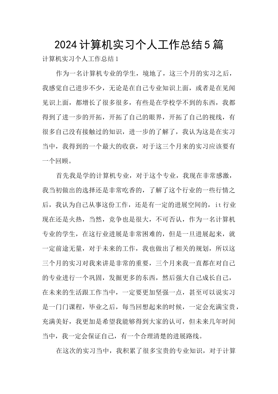 2024计算机实习个人工作总结5篇_第1页
