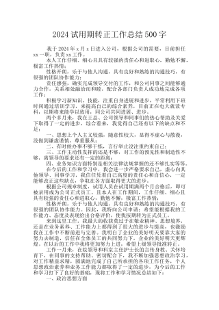 2024试用期转正工作总结500字