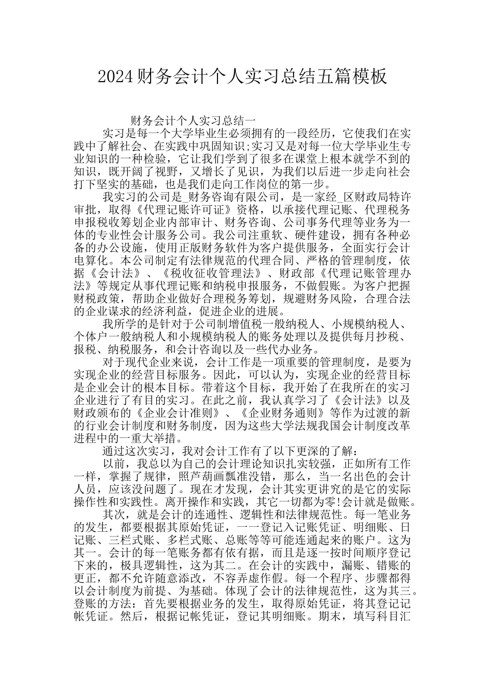 2024财务会计个人实习总结五篇模板_第1页