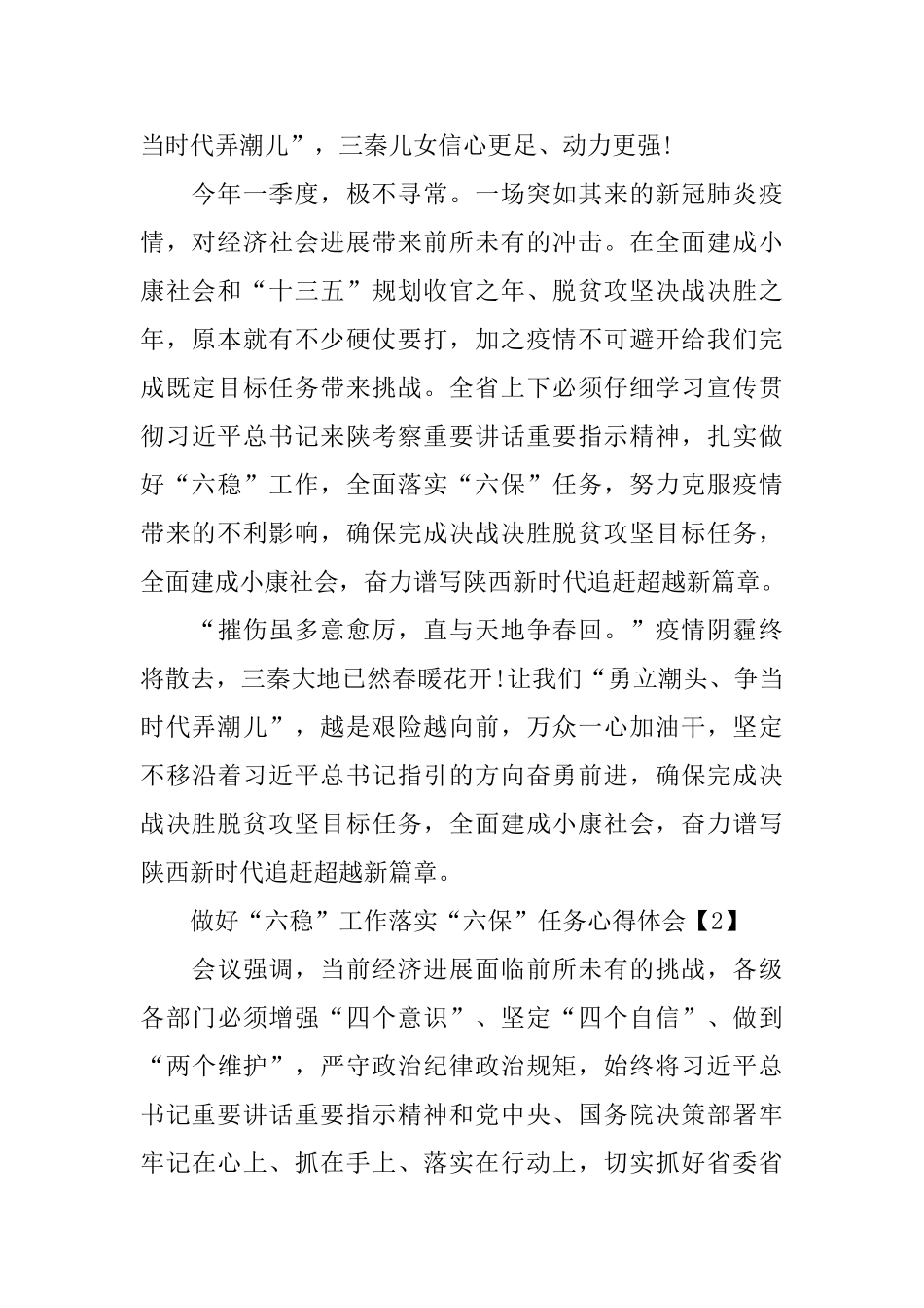 2024贯彻做好“六稳”工作落实“六保”任务心得体会900字_第2页