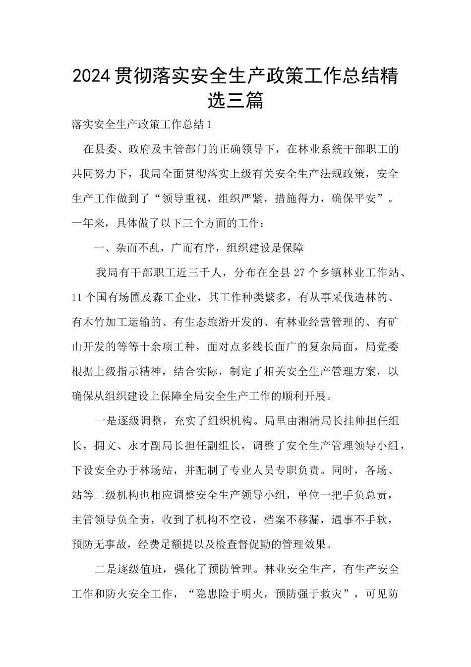 2024贯彻落实安全生产政策工作总结精选三篇_第1页