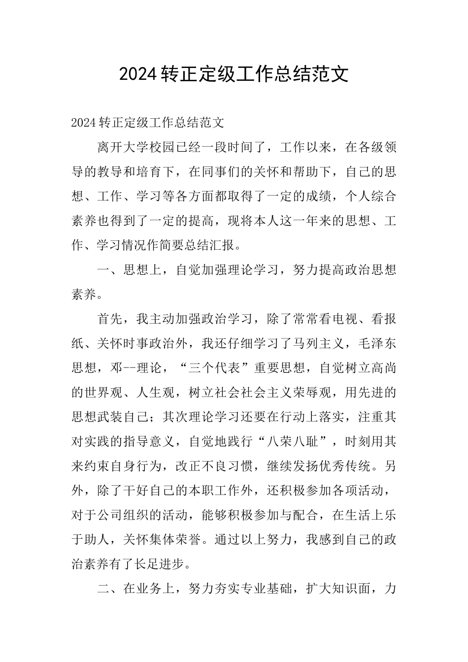 2024转正定级工作总结范文_第1页