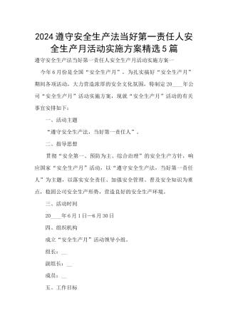 2024遵守安全生产法当好第一责任人安全生产月活动实施方案精选5篇