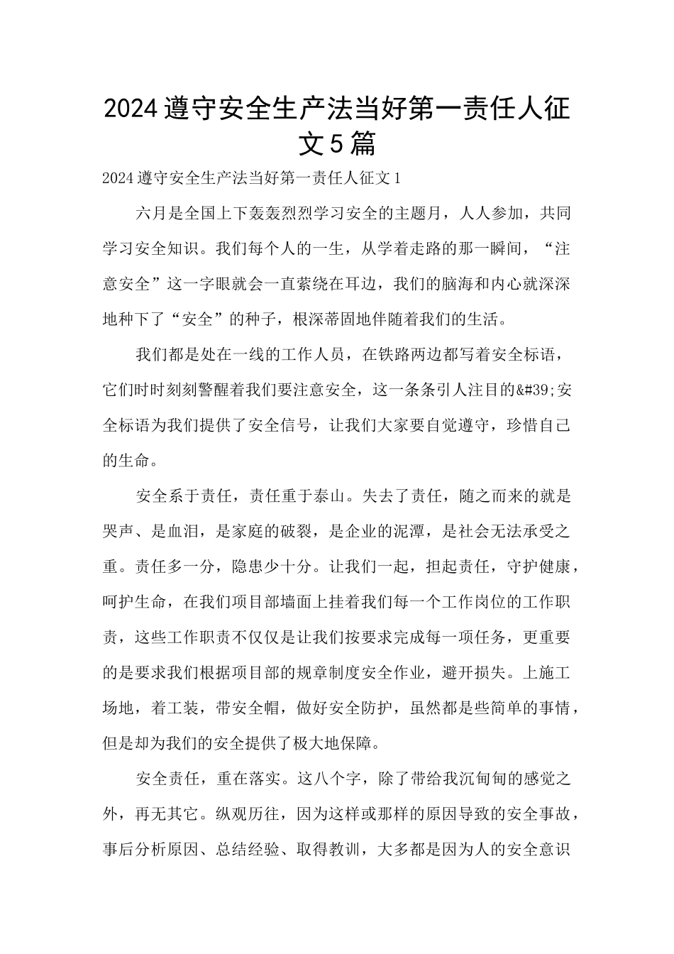 2024遵守安全生产法当好第一责任人征文5篇_第1页