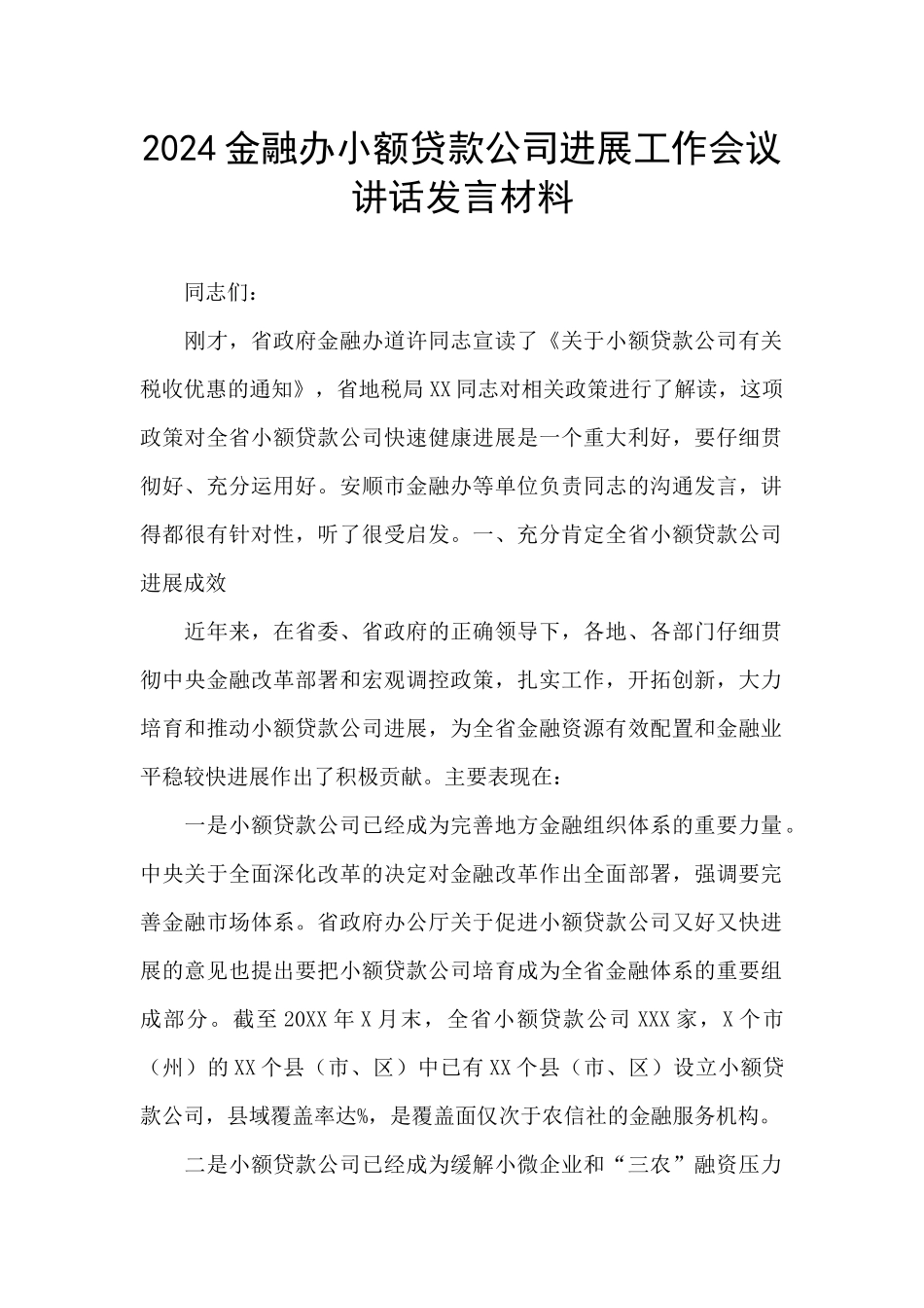 2024金融办小额贷款公司发展工作会议讲话发言材料_第1页