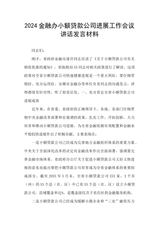 2024金融办小额贷款公司发展工作会议讲话发言材料