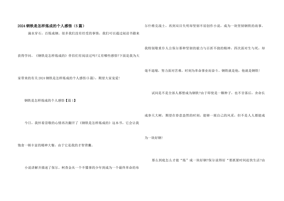2024钢铁是怎样炼成的个人感悟（5篇）_第1页