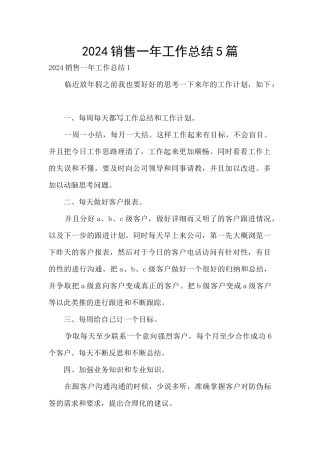 2024销售一年工作总结5篇
