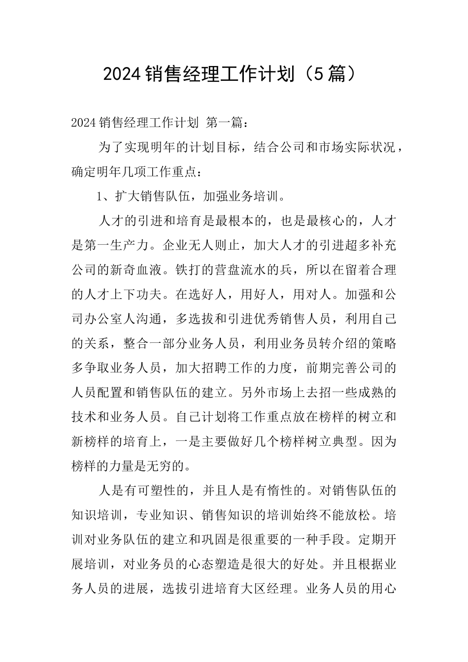 2024销售经理工作计划(5篇)_第1页