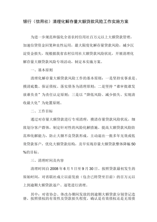 银行(信用社)清理化解存量大额贷款风险工作实施方案