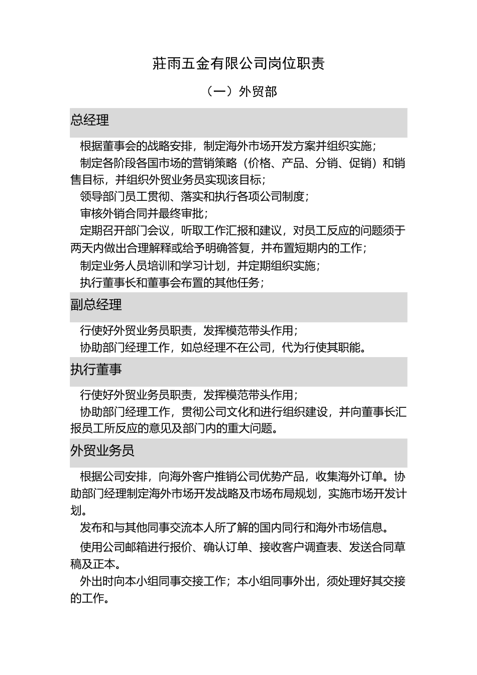 xx五金制造公司岗位职责说明书_第1页