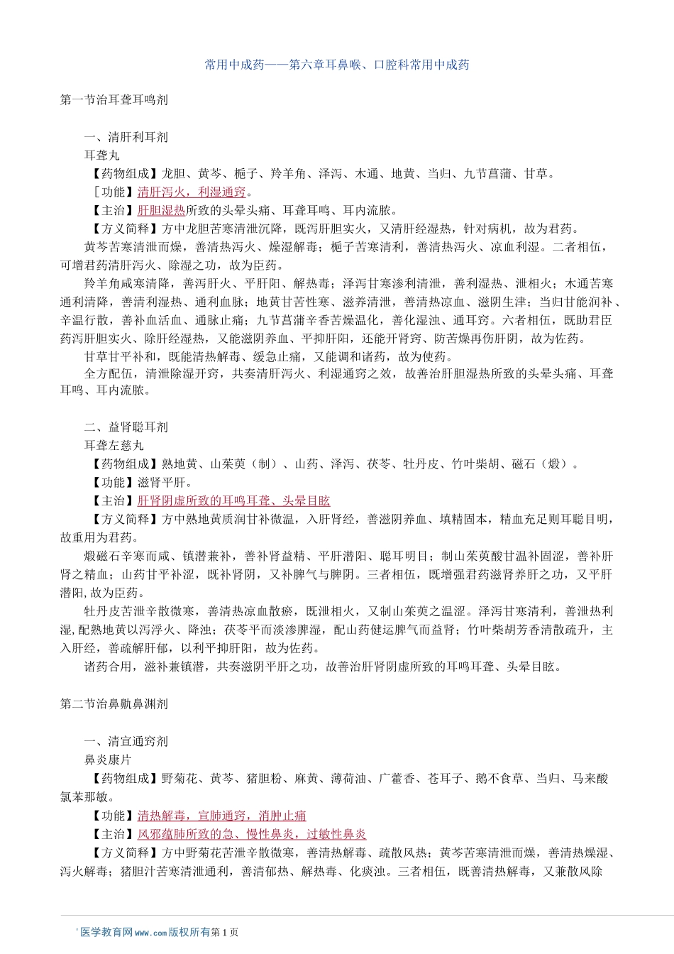 第六章 耳鼻喉、口腔科常用中成药_第1页