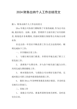 2024财务出纳个人工作总结范文