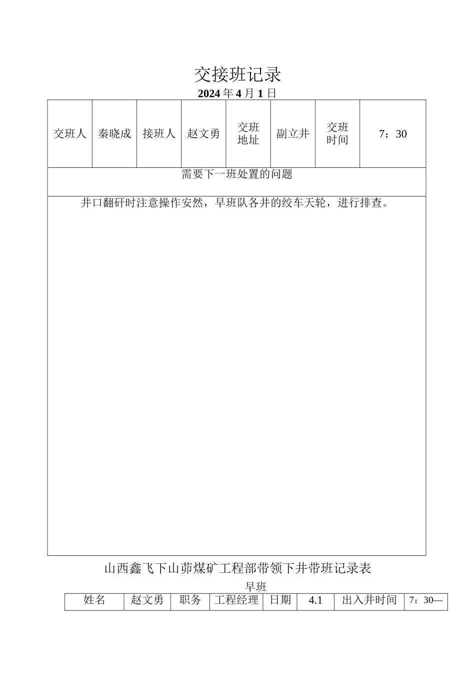 4月份项目部领导下井带班记录_第2页