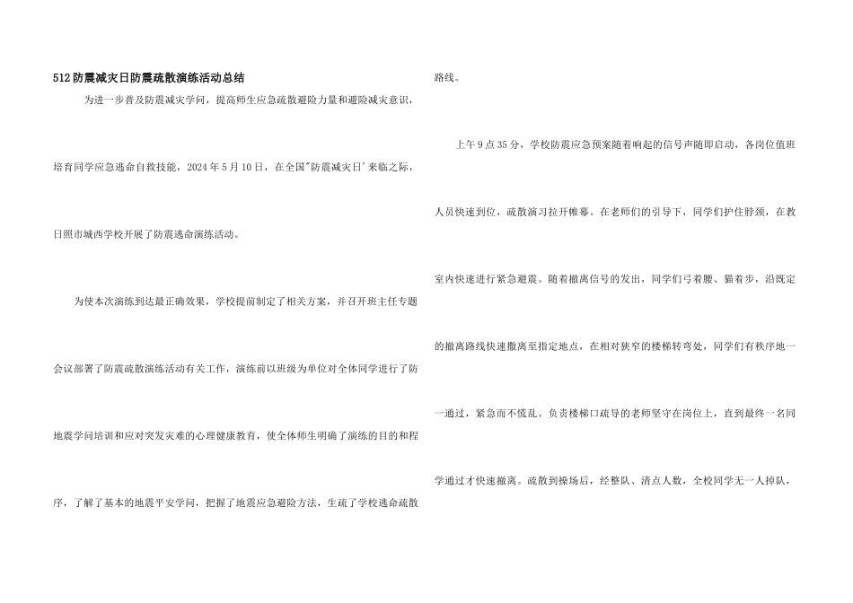 512防震减灾日防震疏散演练活动总结_第1页