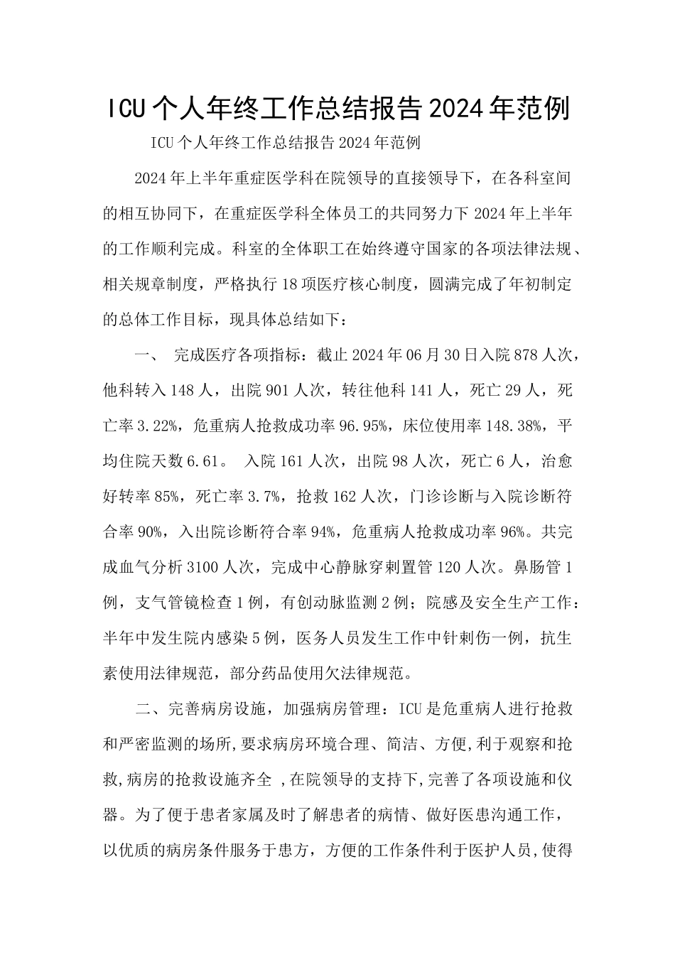 ICU个人年终工作总结报告2024年范例_第1页