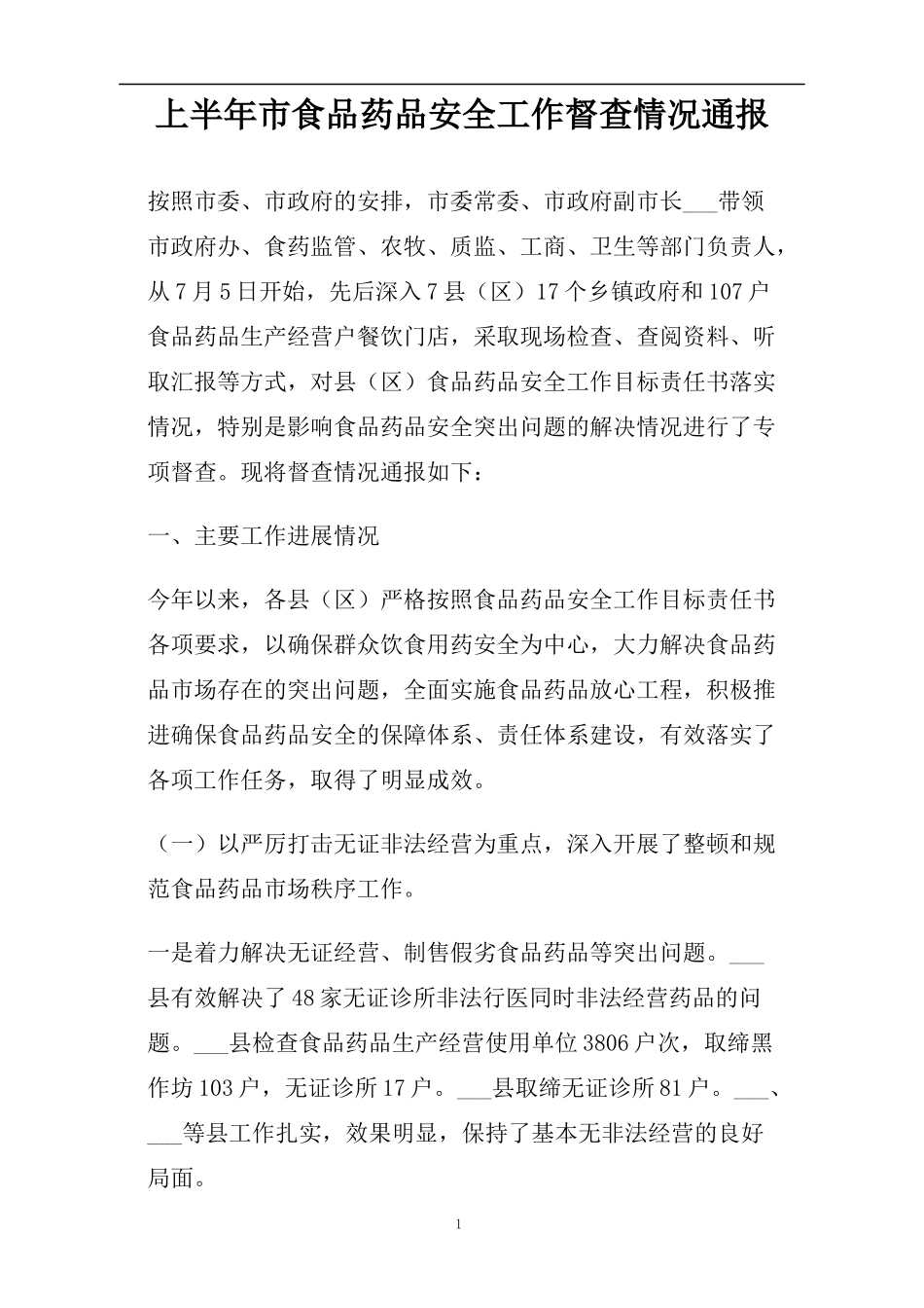 上半年市食品药品安全工作督查情况通报(精)_第1页