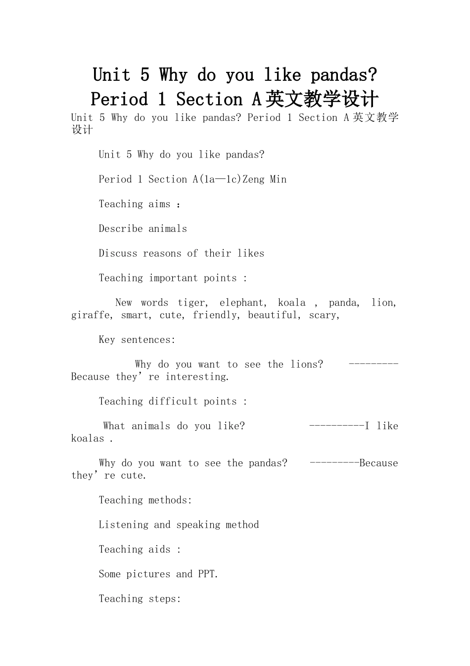 Unit-5-Why-do-you-like-pandas--Period-1-Section-A英文教学设计_第1页