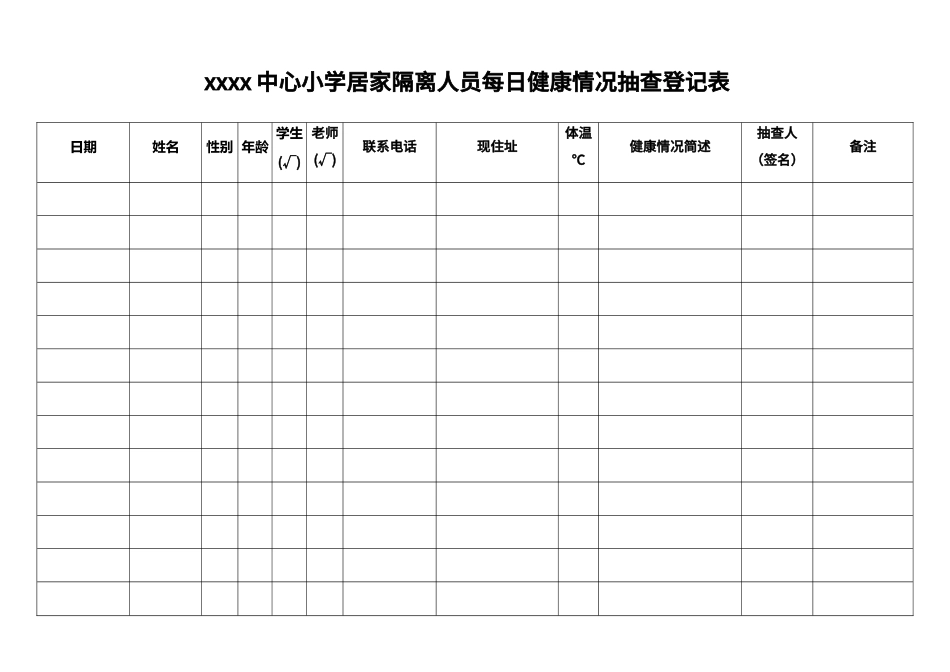 xxxx中心小学居家隔离人员每日健康情况抽查登记表_第1页