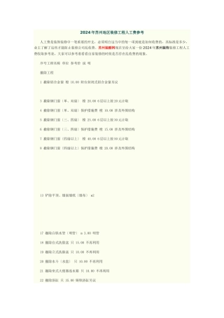 XXXX年苏州地区装修工程人工费参考