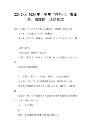 XXX公司2024年上半年“拧毛巾、降成本、增效益”活动总结
