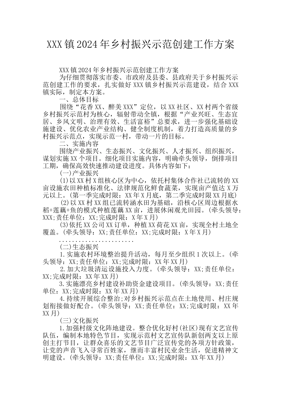 XXX镇2024年乡村振兴示范创建工作方案_第1页
