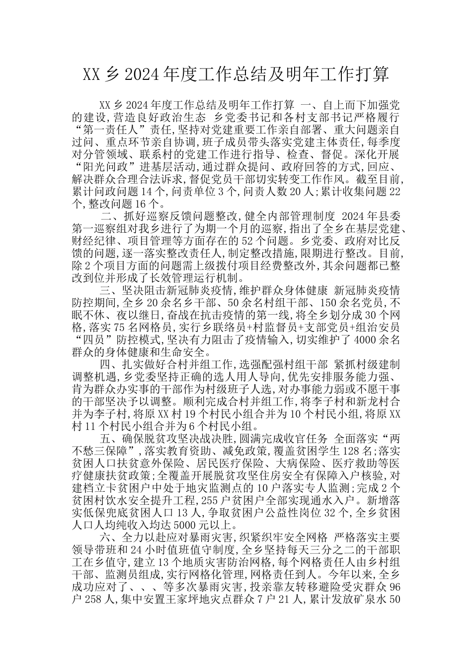 XX乡2024年度工作总结及明年工作打算_第1页