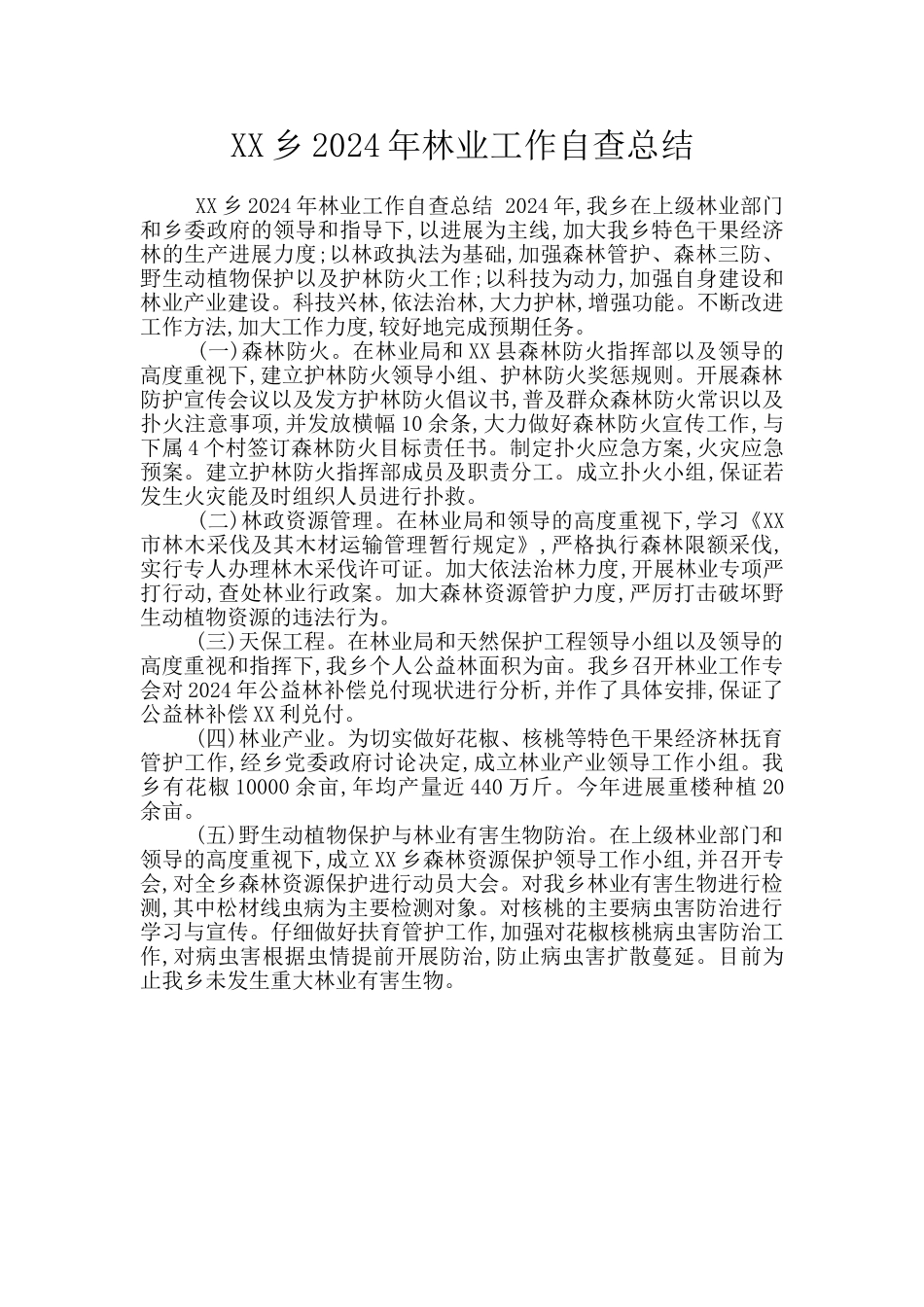 XX乡2024年林业工作自查总结_第1页