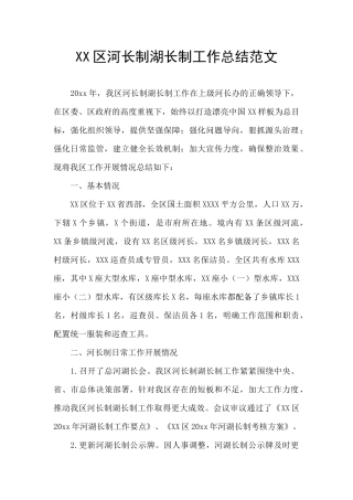 XX区河长制湖长制工作总结范文