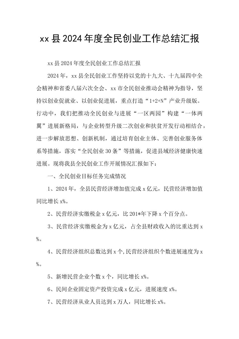 xx县2024年度全民创业工作总结汇报_第1页