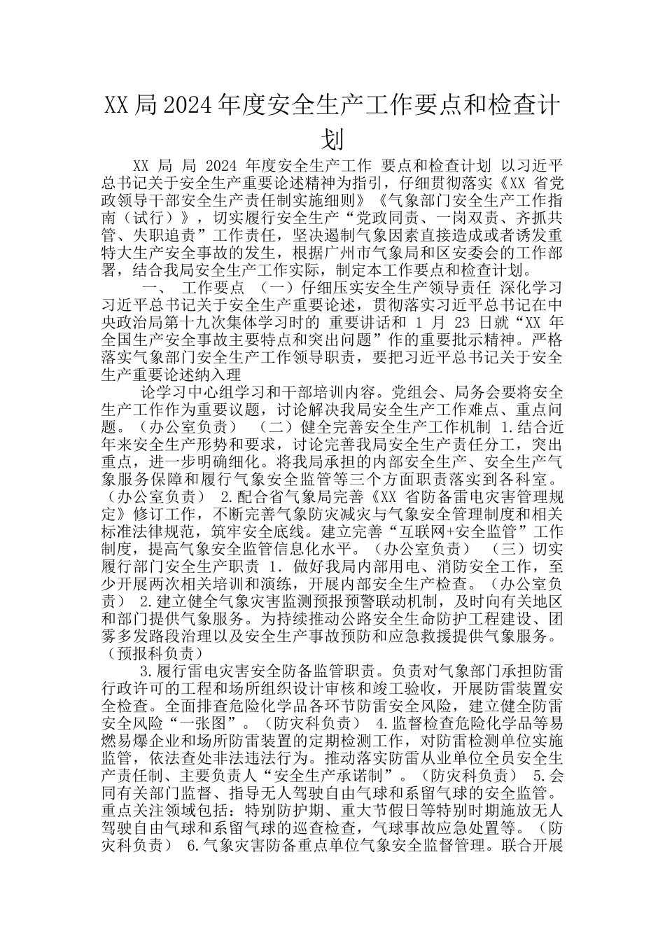 XX局2024年度安全生产工作要点和检查计划_第1页