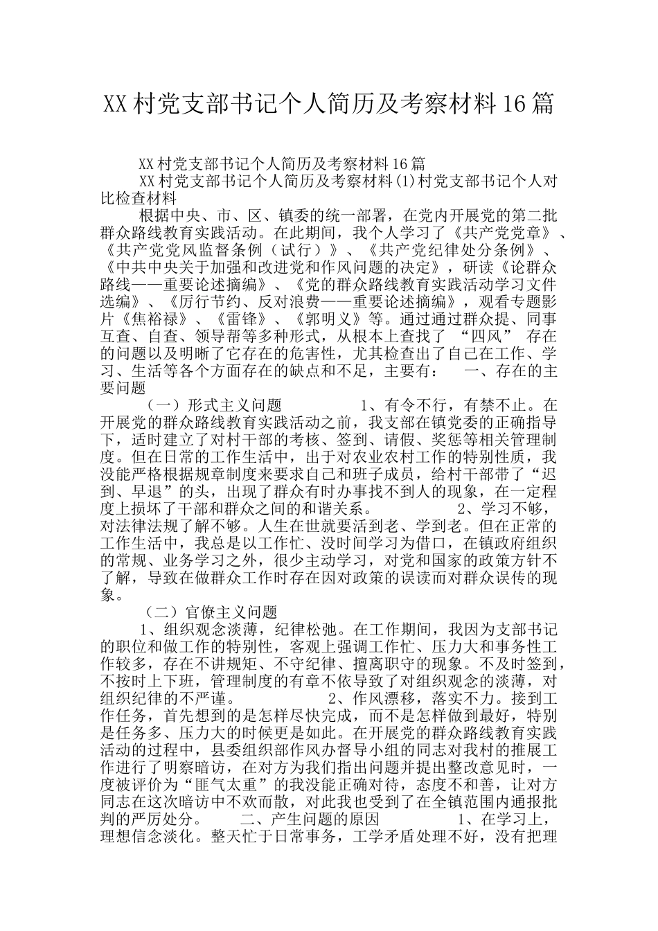 XX村党支部书记个人简历及考察材料16篇_第1页