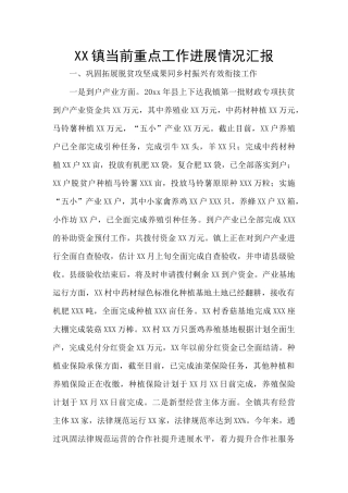 XX镇当前重点工作进展情况汇报