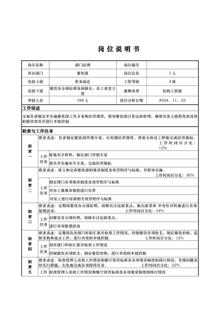 x国际大酒店餐饮部岗位说明书餐饮部
