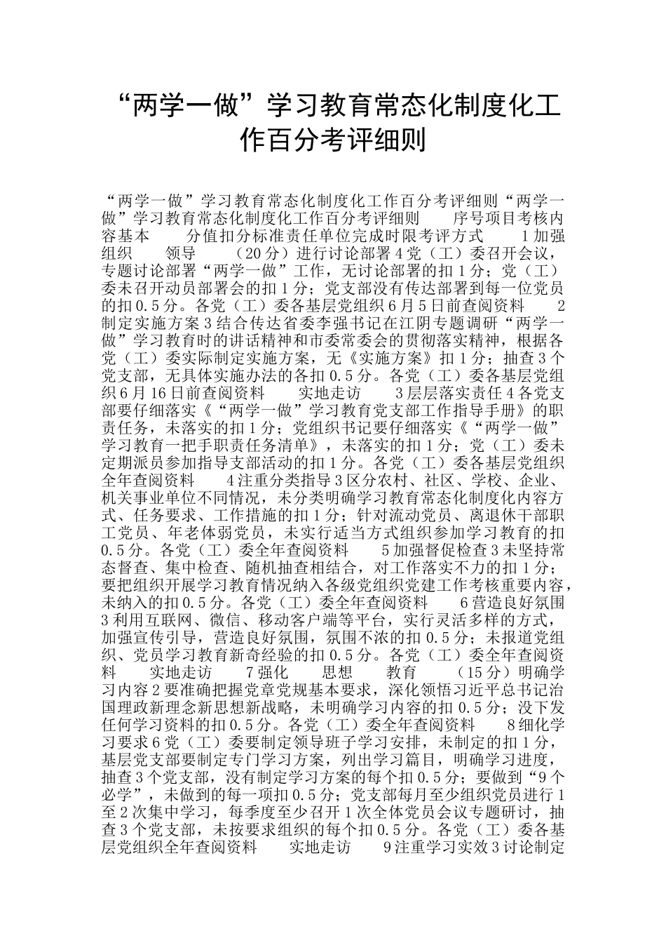 “两学一做”学习教育常态化制度化工作百分考评细则_第1页