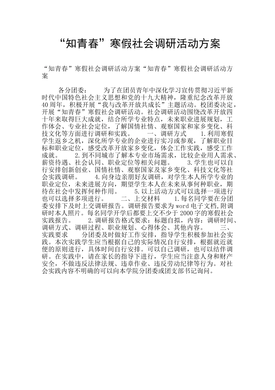 “知青春”寒假社会调研活动方案_第1页