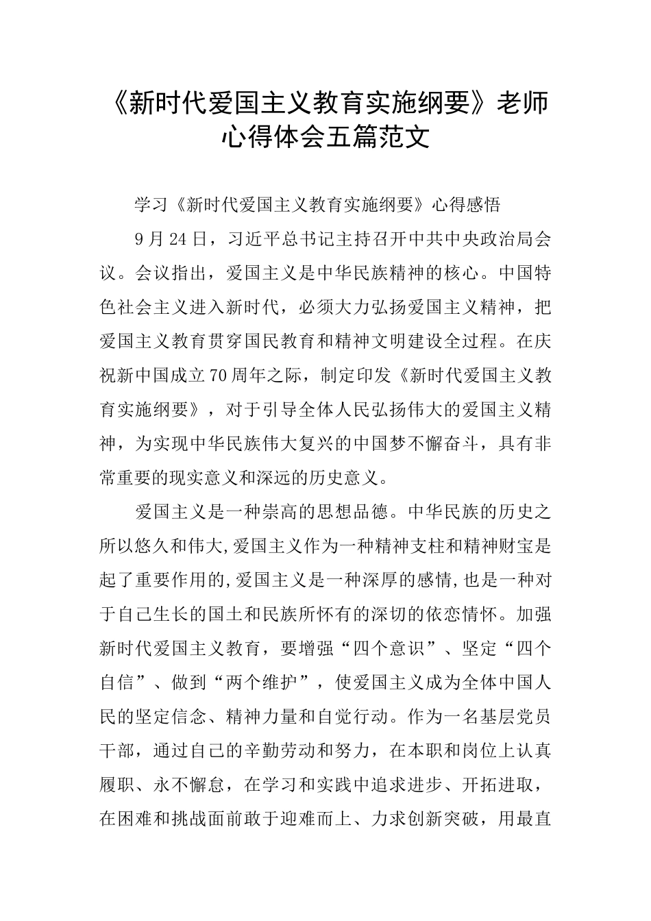 《新时代爱国主义教育实施纲要》教师心得体会五篇范文_第1页