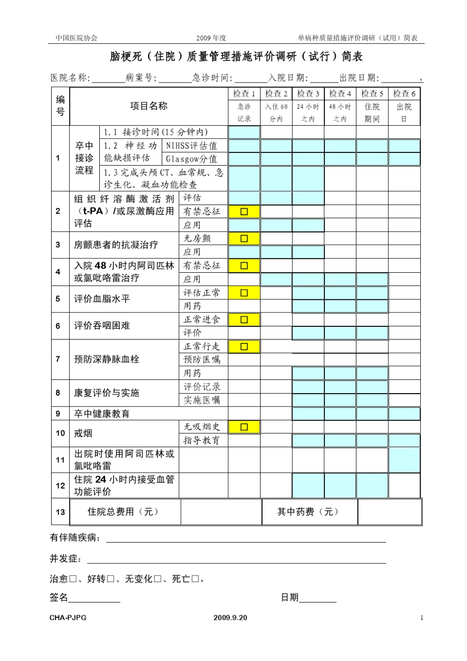 脑梗死质量管理措施评价调研简表_第1页