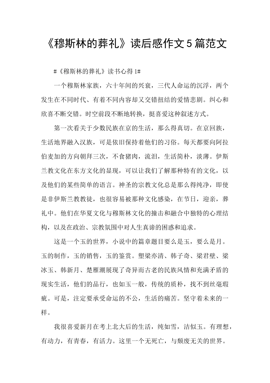 《穆斯林的葬礼》读后感作文5篇范文_第1页