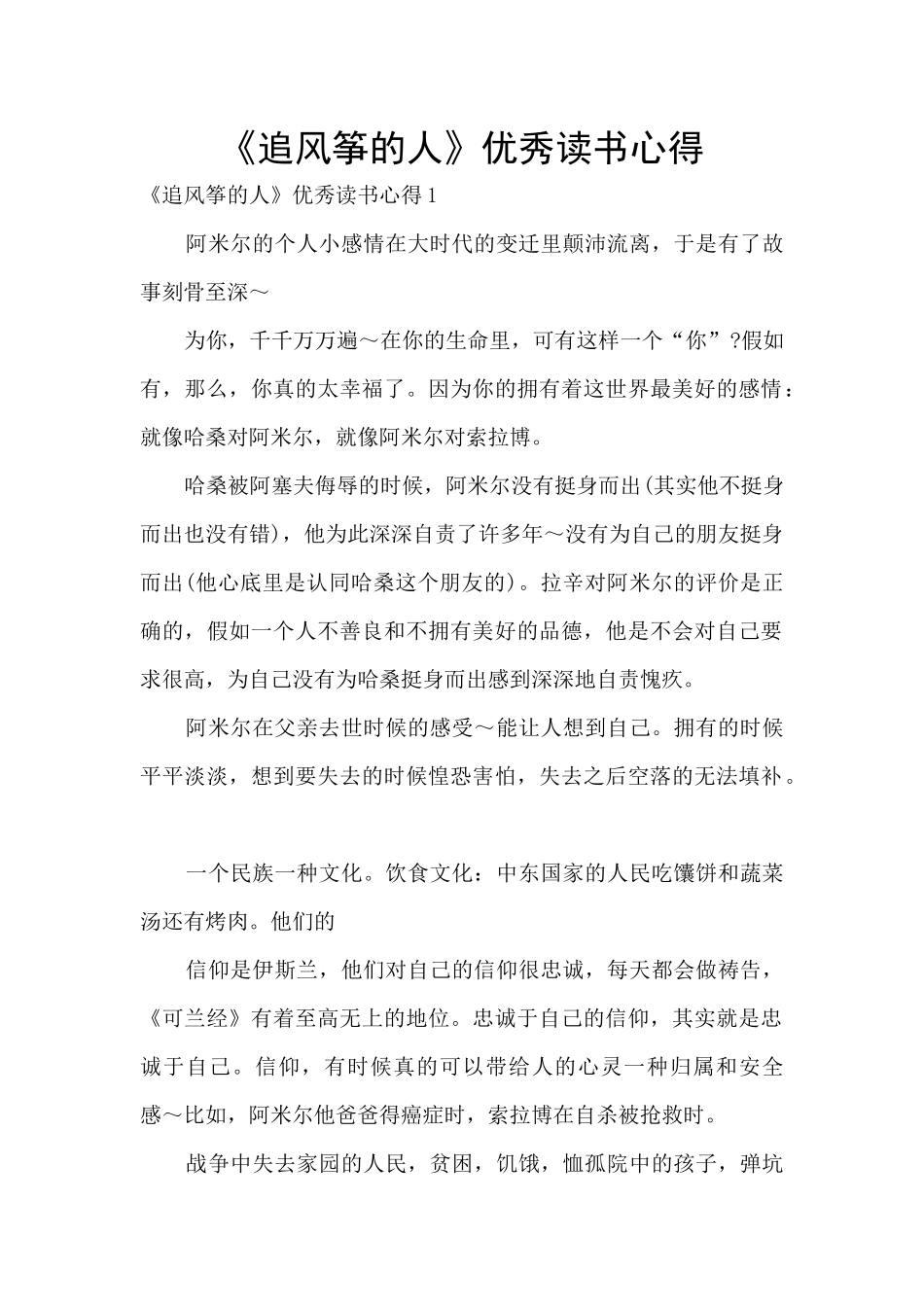 《追风筝的人》优秀读书心得_第1页