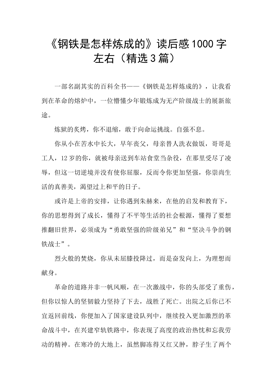 《钢铁是怎样炼成的》读后感1000字左右_第1页