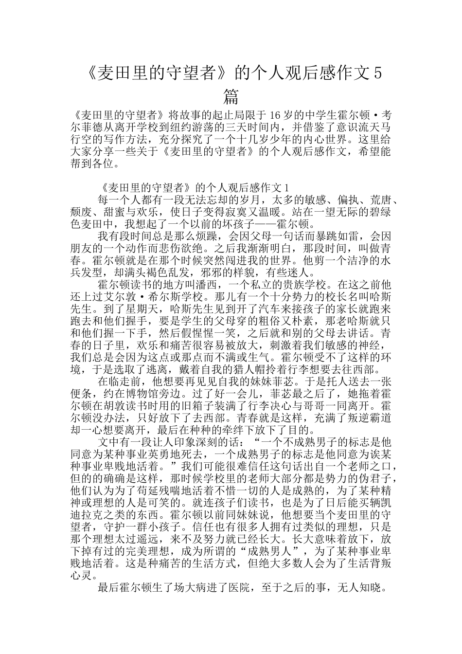 《麦田里的守望者》的个人观后感作文5篇_第1页
