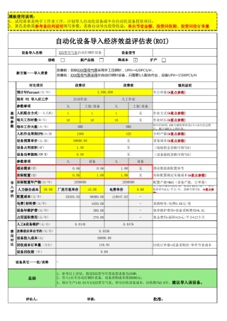自动化设备导入经济效益评估表(ROI)