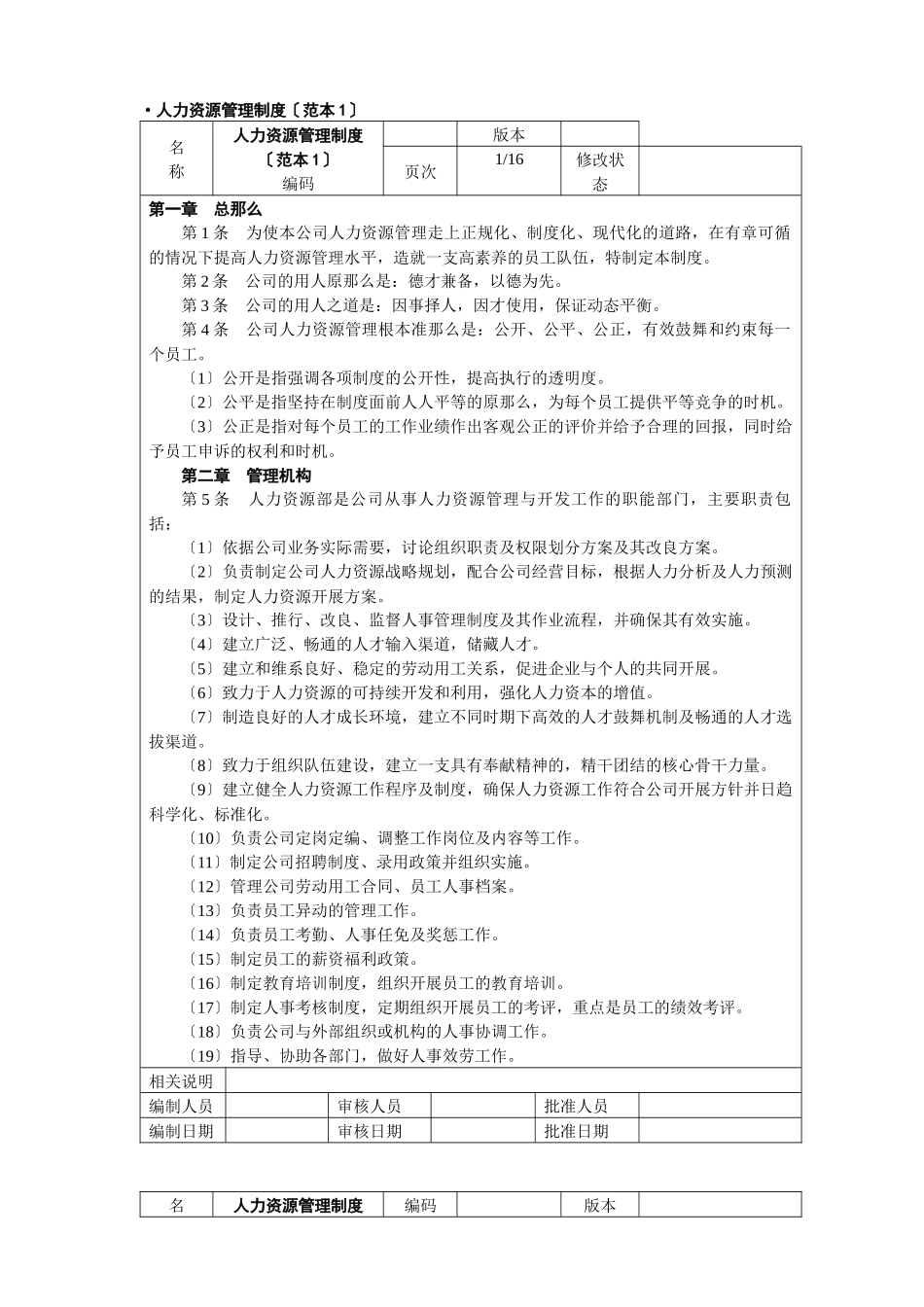 【人事制度】人力资源管理制度_第1页