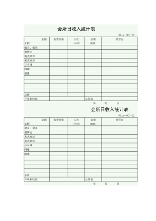 【企业管理】会所日收入统计表