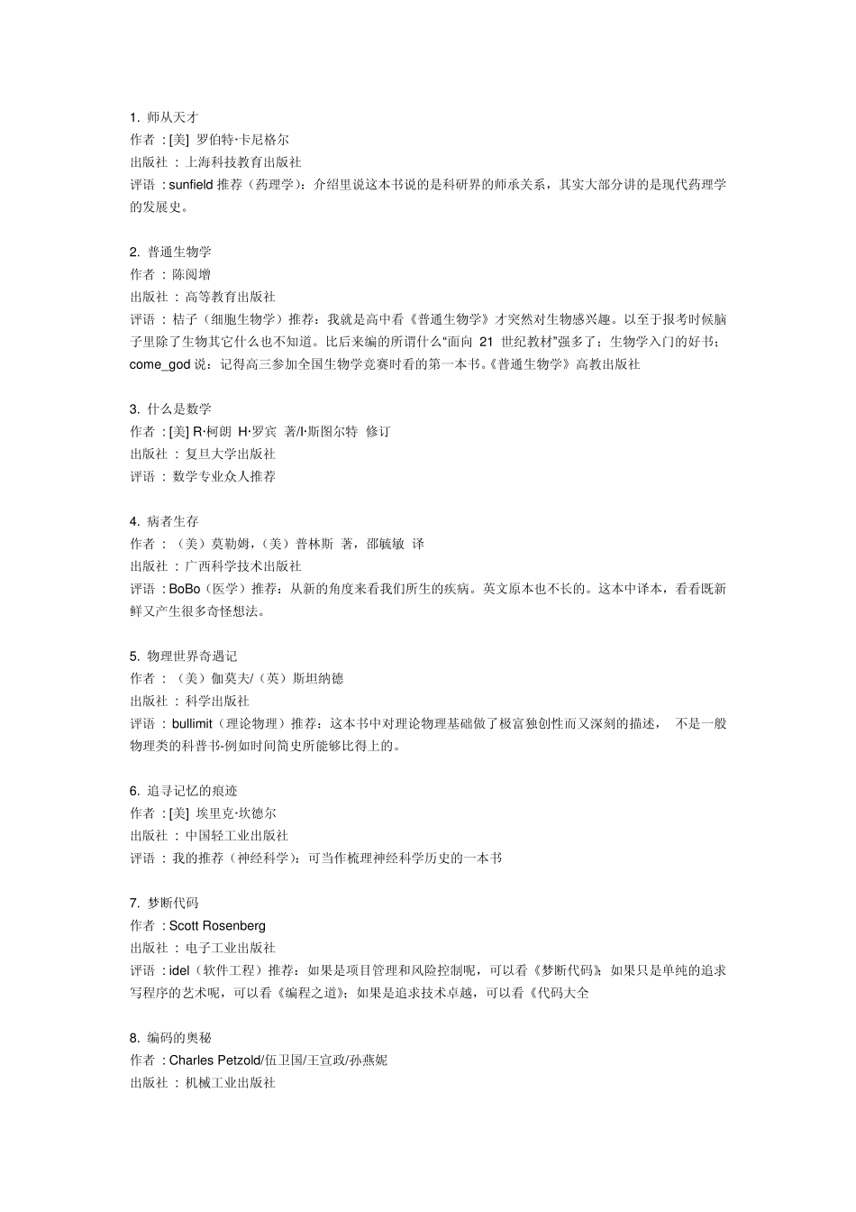 自学各个学科入门推荐书籍_第1页